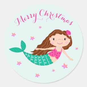 Mermaid Christmas Pink Teal Classic Round Sticker
