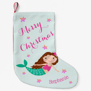 Mermaid Christmas Pink Teal Personalised Small Christmas Stocking