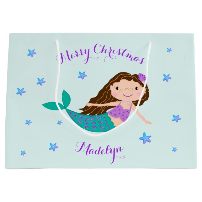 Mermaid Christmas Purple Glitter Personalised Large Gift Bag (Front)