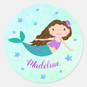 Mermaid Christmas Purple Glitter Personalised Name Classic Round Sticker