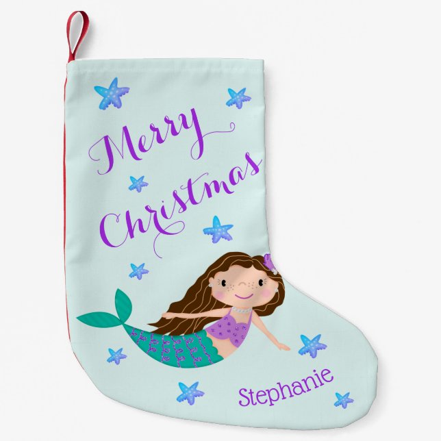 Mermaid Christmas Purple Glitter Personalised Small Christmas Stocking (Front)