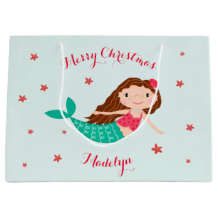 Mermaid Christmas Red Aqua Personalised Large Gift Bag