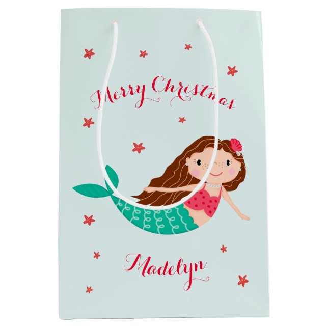 Mermaid Christmas Red Aqua Personalised Medium Gift Bag (Front)