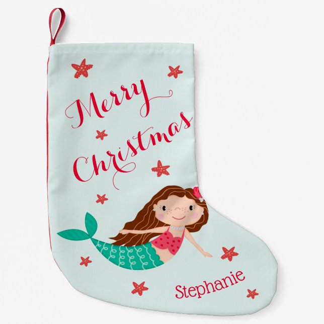 Mermaid Christmas Red Aqua Personalised Small Christmas Stocking (Front)