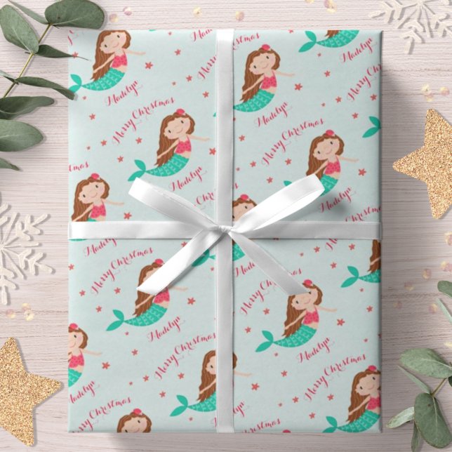 Mermaid Christmas Red Aqua Personalized Wrapping Paper (Creator Uploaded)