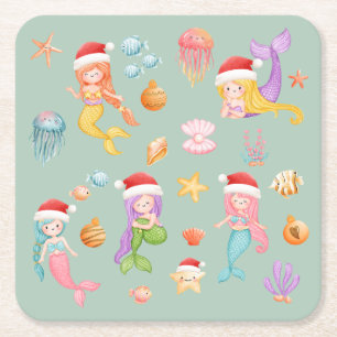 Mermaid Christmas Square Paper Coaster