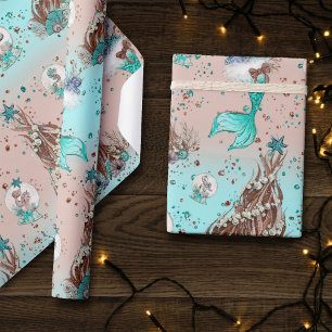 Mermaid Christmas   Stockings and Trees Teal Peach Wrapping Paper