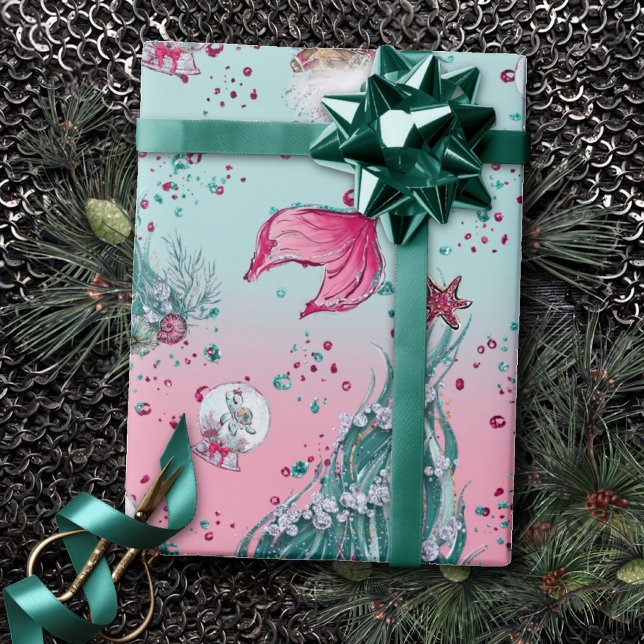 Mermaid Christmas | Stockings and Trees Teal Pink Wrapping Paper (Creator Uploaded)
