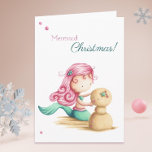 Mermaid Christmas Summer Beach Card<br><div class="desc">Cute and unique Christmas card for mermaid lovers. The sentiment reads "Mermaid Christmas!" although you can personalise it if desired. The image represents a little mermaid with pink hair and green tail making a "snowman" with sand,  a sandman. Illustrated and designed by Patricia Alvarez.</div>