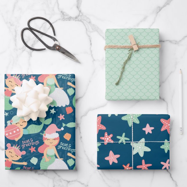 Mermaid Christmas Wrapping Paper Sheet (Front)