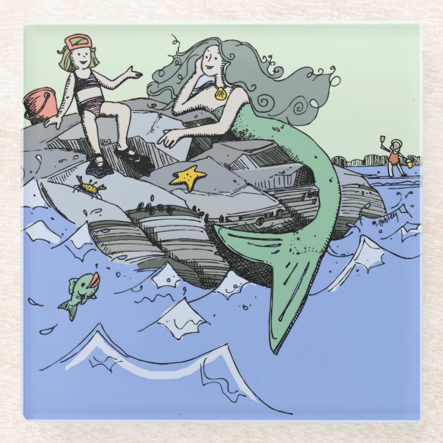 Mermaid coastal cute cartoon beach child art glass coaster (Front)
