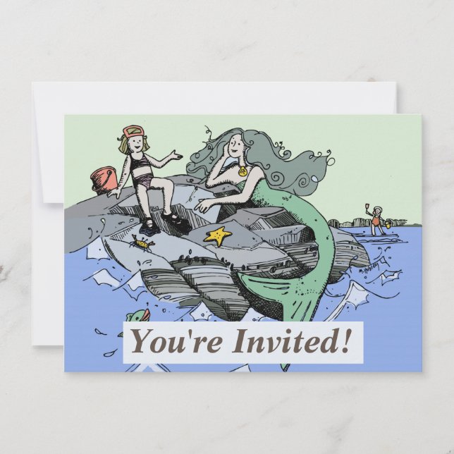 Mermaid coastal cute cartoon beach child art invitation (Front)