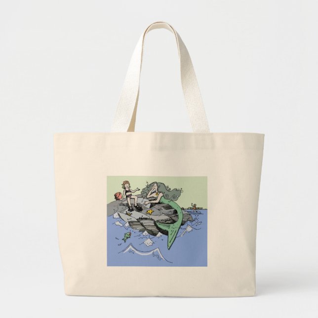 Mermaid coastal cute cartoon beach child art large tote bag (Front)