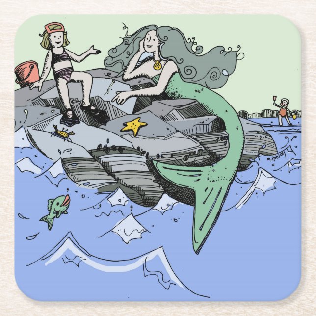 Mermaid coastal cute cartoon beach child art square paper coaster (Front)