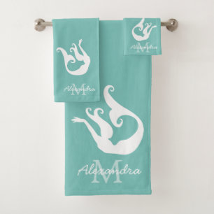 Mermaid coastal Teal Blue White Beach  Bath Towel Set
