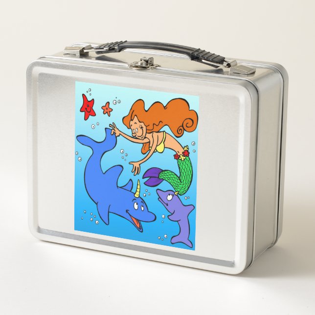 Mermaid comic ocean underwater dolphin work of art metal lunch box (Front)