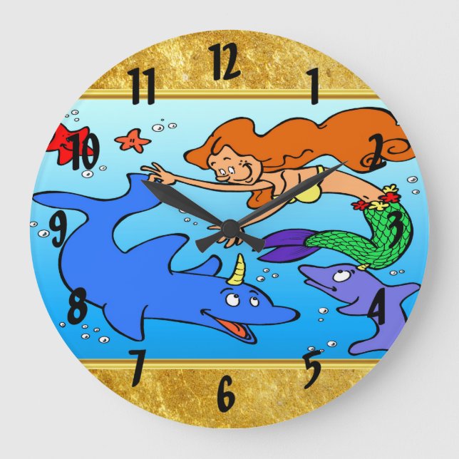 Mermaid comic sea underwater dolphin work of art 1 large clock (Front)