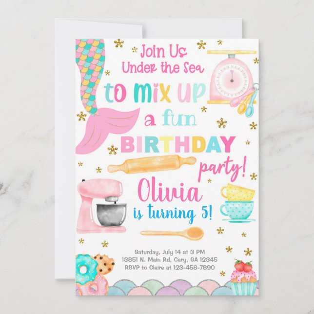 Mermaid & cooking baking girl birthday invitation. invitation (Front)