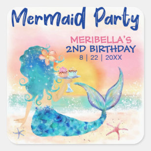 Mermaid Cupcakes Tropical Beach Girl's Birthday Square Sticker