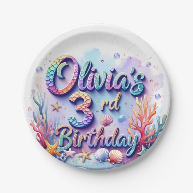 Mermaid Custom Name & Age - Under the Sea Party Paper Plate (Front)