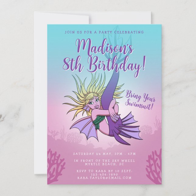 Mermaid Cute Cartoon Girl 8th Birthday Invitation (Front)