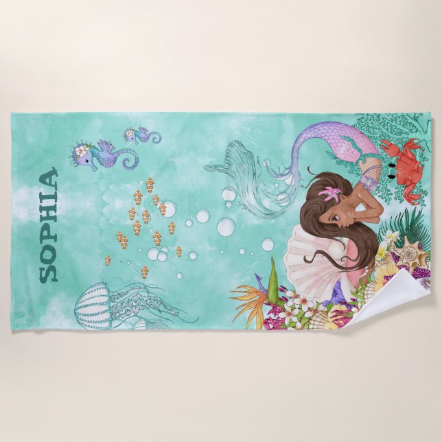 Mermaid Cute Dark Hair Starfish Green Personal  Beach Towel (Front)