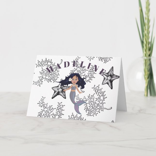 Mermaid Cute Dark Hair Under The Sea Birthday Card (Front)