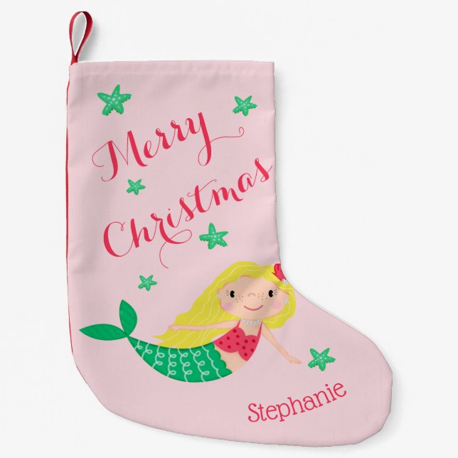 Mermaid Cute Festive Personalised Name Small Christmas Stocking (Front)
