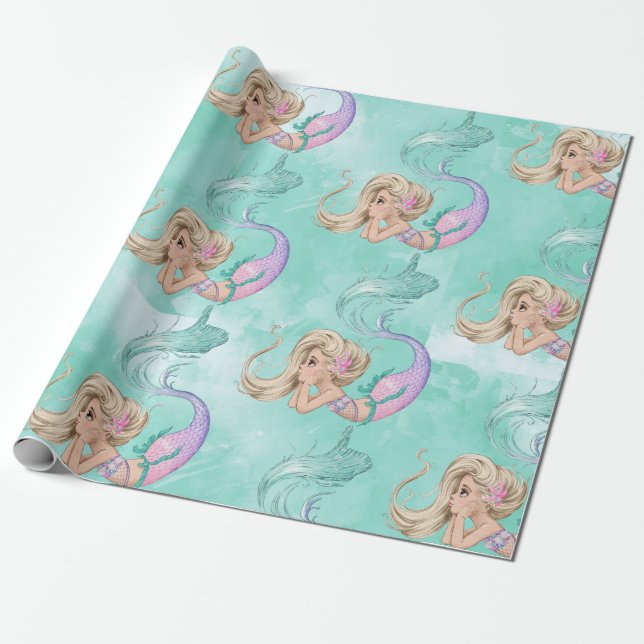Mermaid Cute Pink Blue Gift  Wrapping Paper (Unrolled)