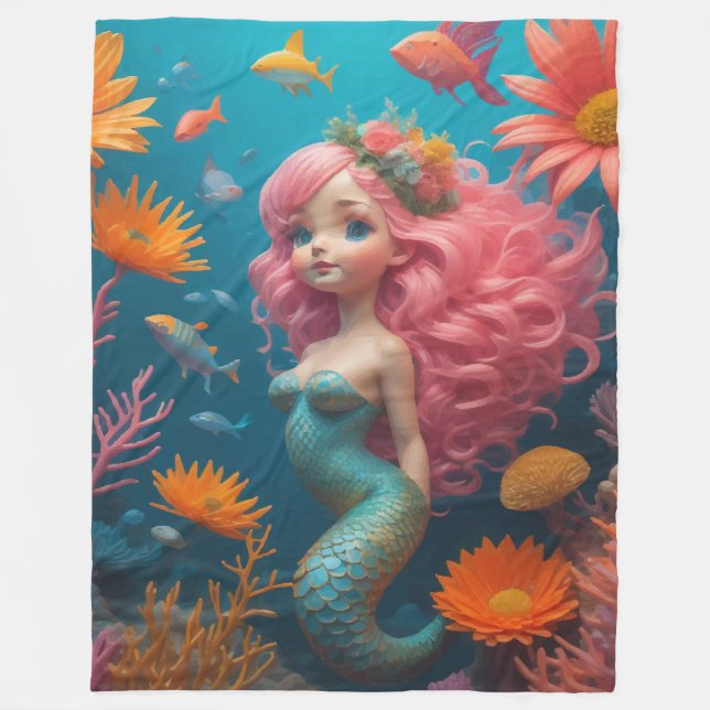 Mermaid Cute Pink Fleece Blanket (Front)