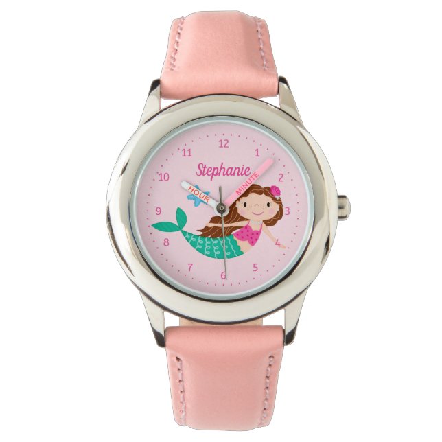 Mermaid Cute Pink Personalised Watch (Front)