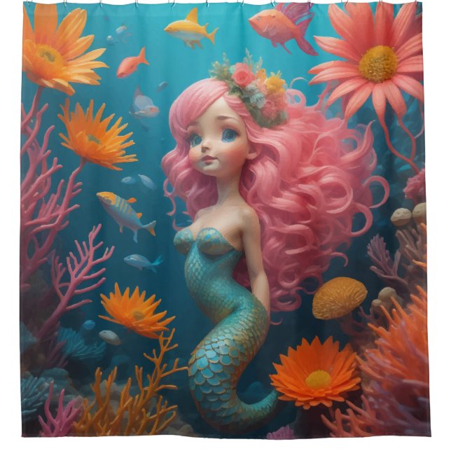 Mermaid Cute Pink Shower Curtain (Front)
