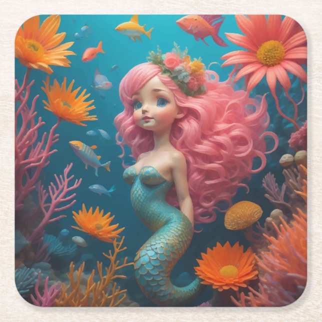 Mermaid Cute Pink Square Paper Coaster (Front)