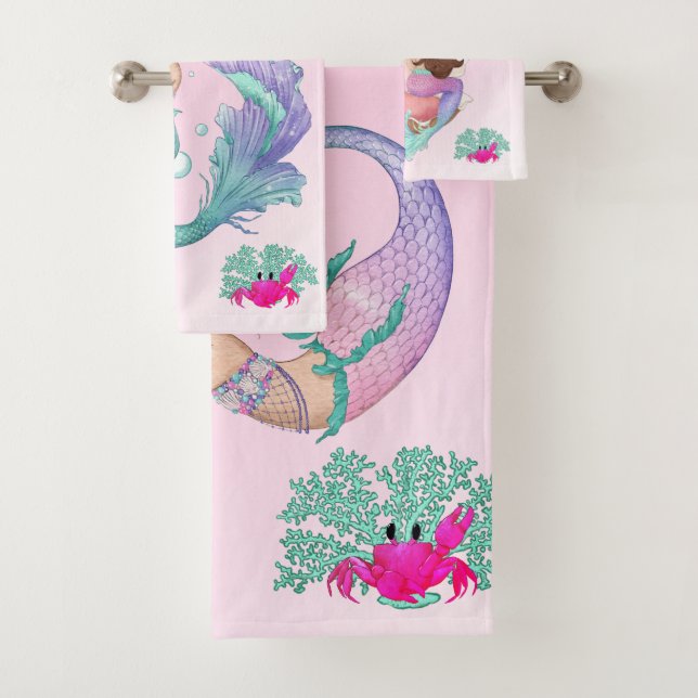 Mermaid Cute Pink Starfish Dark Hair Personal  Bath Towel Set (Insitu)