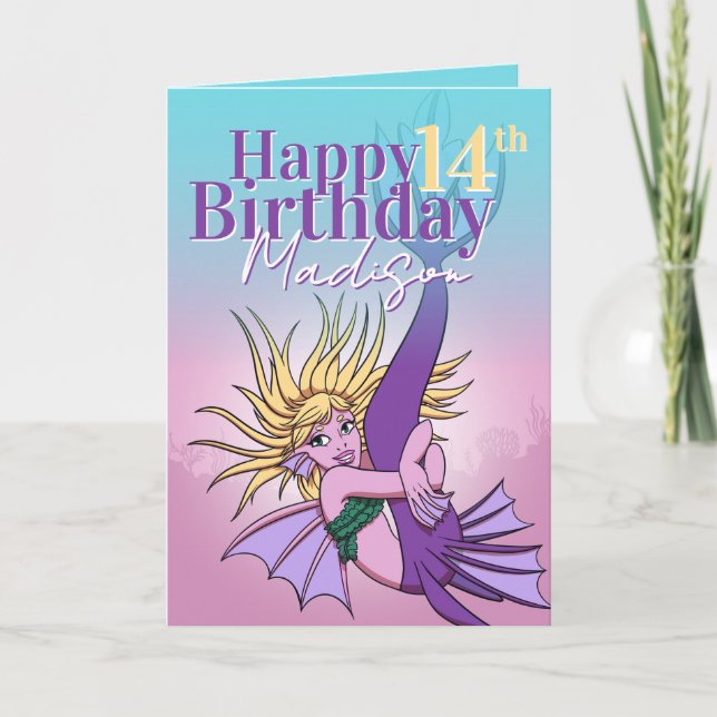 Mermaid Cute Purple Cartoon Girl 14th Birthday Card (Front)
