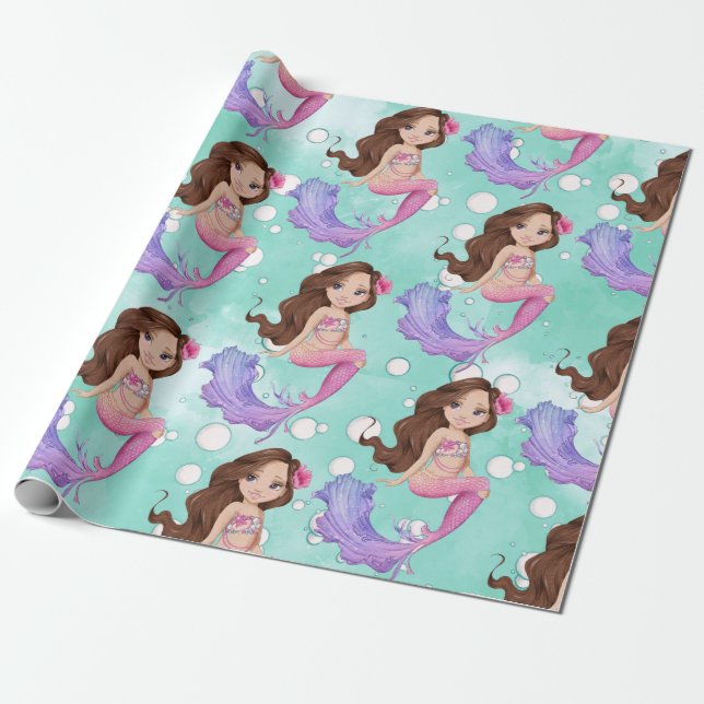 Mermaid Dark Hair Bubbles Pink Blue  Wrapping Paper (Unrolled)