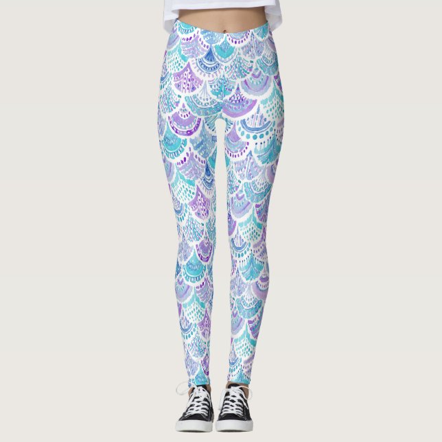 MERMAID DAYDREAMS Watercolor Boho Beach Fish Scale Leggings (Front)