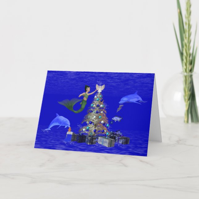 Mermaid decorating the christmas tree holiday card (Front)