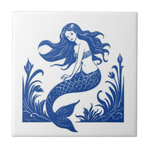 Mermaid Delft Blue and White Sea Ocean Life Tile