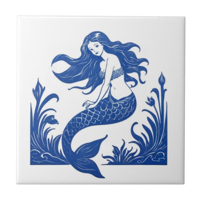 Mermaid Delft Blue and White Sea Ocean Life Tile (Front)