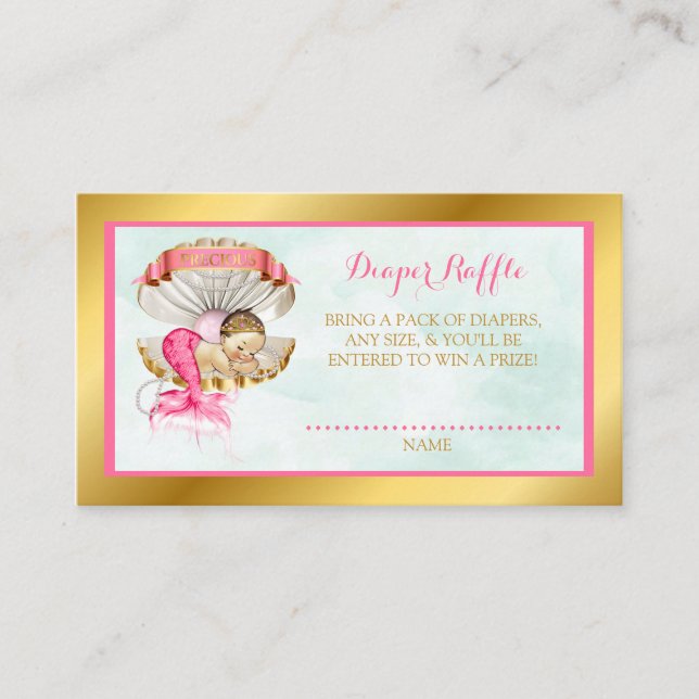 Mermaid Diaper Raffle Shell Pearls Pink Gold Enclosure Card (Front)