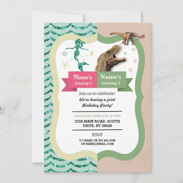 Mermaid & Dinosaur Joint Boy girl Birthday Invites (Front)