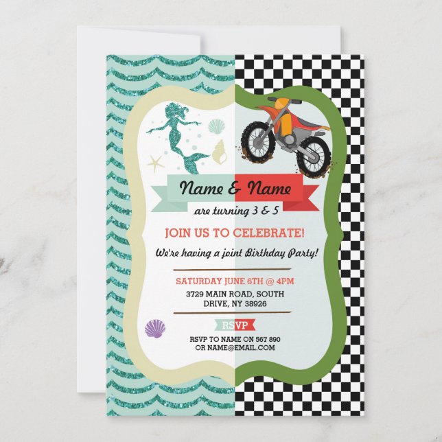 Mermaid & Dirt Bike Joint Boy Girl Birthday Invite (Front)