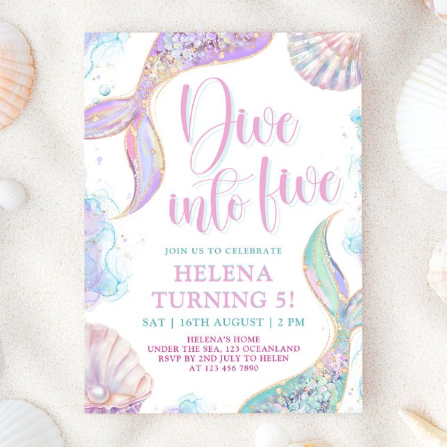 Mermaid Dive into Five 5th Birthday Girl Invitation (Creator Uploaded)