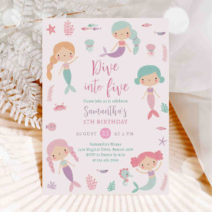 Mermaid Dive Into Five 5th Birthday Party Invitation