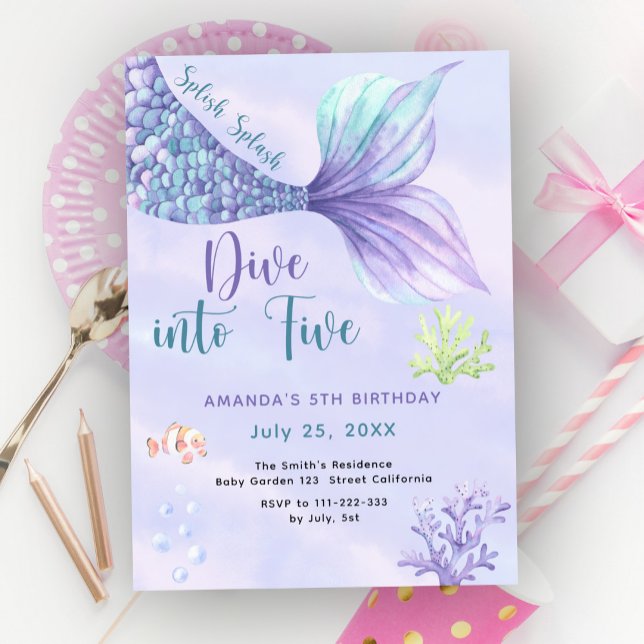 Mermaid Dive Into Five 5th Birthday Party Invitation (Creator Uploaded)