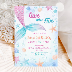 Mermaid Dive Into Five 5th Birthday Party Invitation