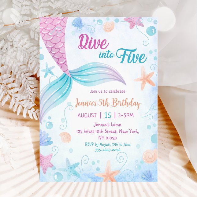 Mermaid Dive Into Five 5th Birthday Party Invitation (Creator Uploaded)