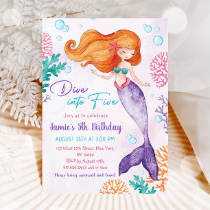 Mermaid Dive Into Five 5th Birthday Party Invitation
