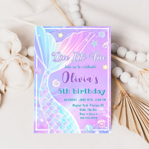 Mermaid Dive Into Five 5th Birthday Party Invitation